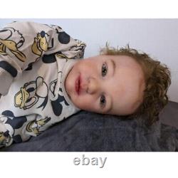 28 Painted Reborn Baby Doll Toddler Brown Rooted Curly Hair Cloth Body Toy Gift