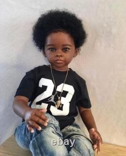 28in Lifelike Reborn Baby Doll Dark Skin Toddler Boy Girl Hand-Rooted Afro Hair