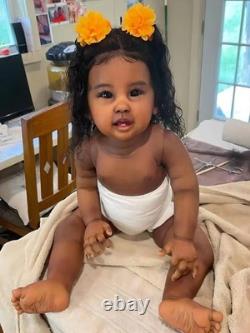28in Toddler Reborn Baby Dolls Dark Skin Girl Hand-Rooted Black Hair African Toy