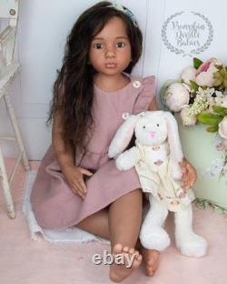 40in Painted Reborn Doll Kit Torso Rooted Hair Cloth Body Dark Skin Toddler Girl