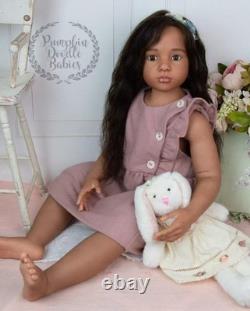 40in Painted Reborn Doll Kit Torso Rooted Hair Cloth Body Dark Skin Toddler Girl