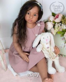 40in Painted Reborn Doll Kit Torso Rooted Hair Cloth Body Dark Skin Toddler Girl