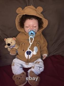 Full body silicone reborn brown skin baby boy with curly brown hair