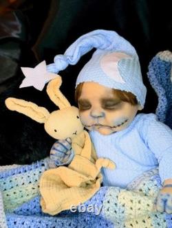 Ooak Alternative Gothic Ghost Peaches Reborn Doll With Moon Hat And Bunny Lovey