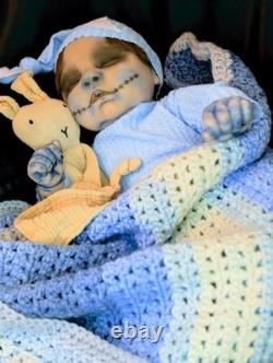 Ooak Alternative Gothic Ghost Peaches Reborn Doll With Moon Hat And Bunny Lovey