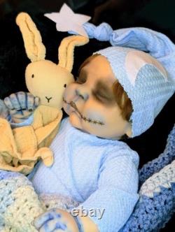 Ooak Alternative Gothic Ghost Peaches Reborn Doll With Moon Hat And Bunny Lovey