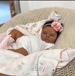 Reborn Baby Girl Doll, Dark Complexion, Black Curly Hair, Brown Eyes, Closed