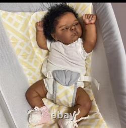 Reborn Baby Girl Doll, Dark Complexion, Black Curly Hair, Brown Eyes, Closed