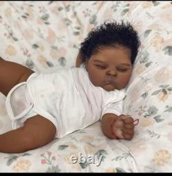 Reborn Baby Girl Doll, Dark Complexion, Black Curly Hair, Brown Eyes, Closed